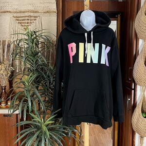 Vintage Y2K PINK Victoria’s Secret Hoodie L | Black Rainbow Ombre Logo Pullover